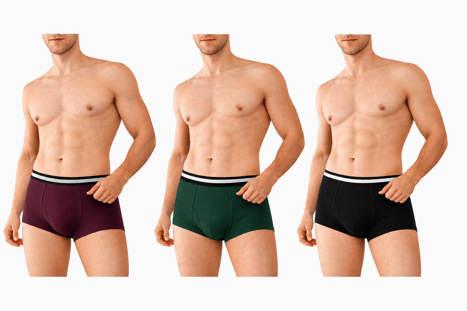 BAMBUMM Men's Bamboo Boxer Trunks Pack of 3 – Black, Green & Plum
