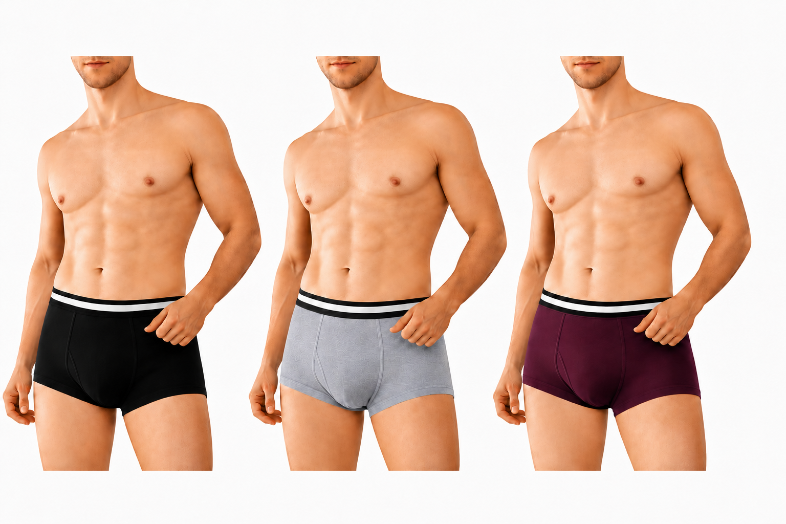 BAMBUMM Men's Bamboo Boxer Trunks Pack of 3 – Black, Grey & Plum