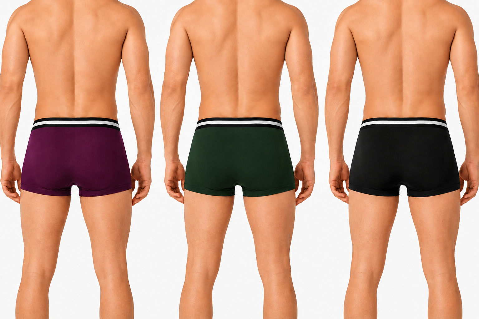 BAMBUMM Men's Bamboo Boxer Trunks Pack of 3 – Black, Green & Plum
