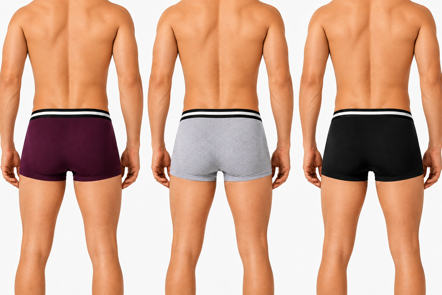 BAMBUMM Men's Bamboo Boxer Trunks Pack of 3 – Black, Grey & Plum